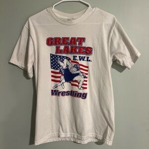 White vintage 90’s red and blue made in USA wrestling graphic tee men’s size S
